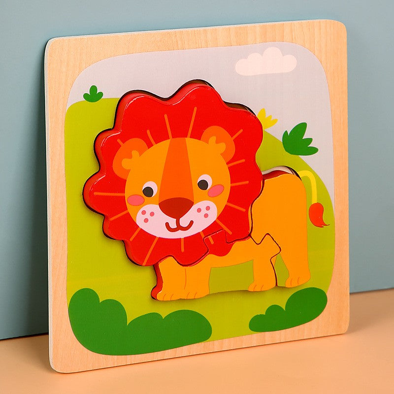 Puzzle Montessori din Lemn pentru Copii, Klevo, 3D, 0-3 Ani, Model Leu, Educativ, Intuitiv, Creativ, 3 Piese, 15x15x0.5 cm, Multicolor