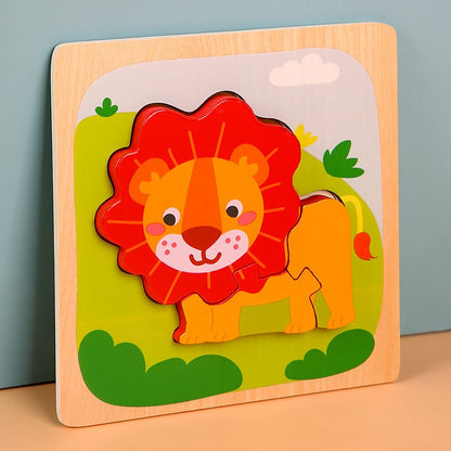 Puzzle Montessori din Lemn pentru Copii, Klevo, 3D, 0-3 Ani, Model Leu, Educativ, Intuitiv, Creativ, 3 Piese, 15x15x0.5 cm, Multicolor