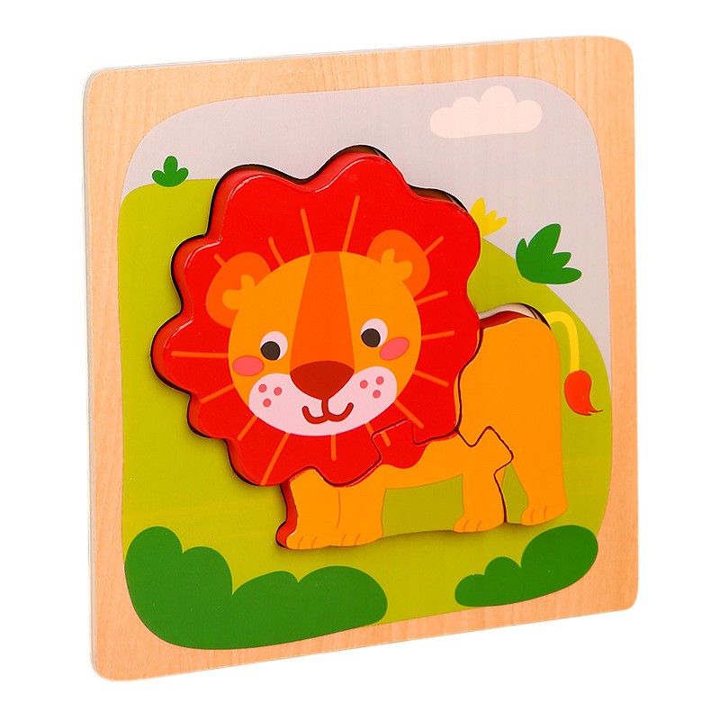 Puzzle Montessori din Lemn pentru Copii, Klevo, 3D, 0-3 Ani, Model Leu, Educativ, Intuitiv, Creativ, 3 Piese, 15x15x0.5 cm, Multicolor