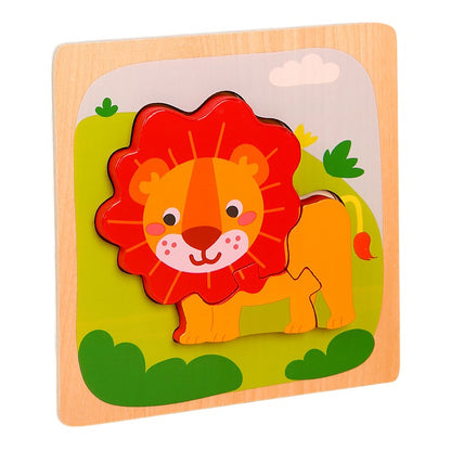 Puzzle Montessori din Lemn pentru Copii, Klevo, 3D, 0-3 Ani, Model Leu, Educativ, Intuitiv, Creativ, 3 Piese, 15x15x0.5 cm, Multicolor