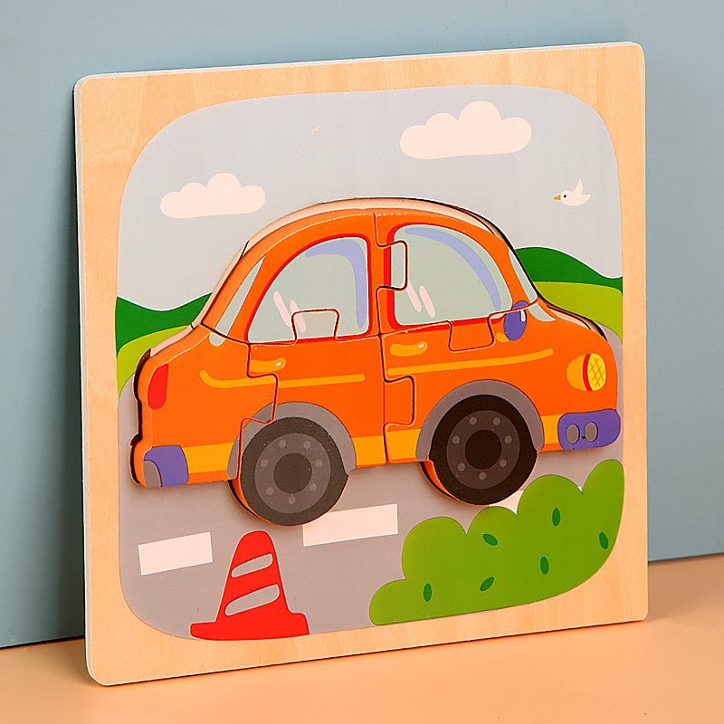 Puzzle Montessori din Lemn pentru Copii, Klevo, 3D, 0-3 Ani, Model Masina, Educativ, Intuitiv, Creativ, 5 Piese, 15x15x0.5 cm, Multicolor