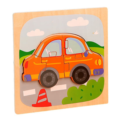 Puzzle Montessori din Lemn pentru Copii, Klevo, 3D, 0-3 Ani, Model Masina, Educativ, Intuitiv, Creativ, 5 Piese, 15x15x0.5 cm, Multicolor
