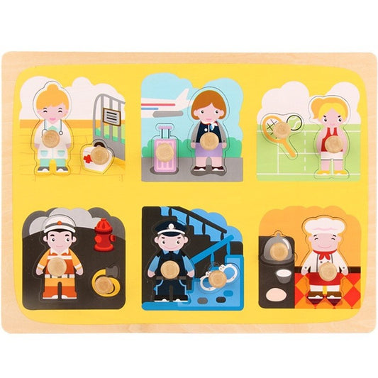 Puzzle Montessori din Lemn pentru Copii, Klevo, 3D, 0-3 Ani, Model Profesii, Educativ, Intuitiv, Creativ, 6 Piese, Multicolor