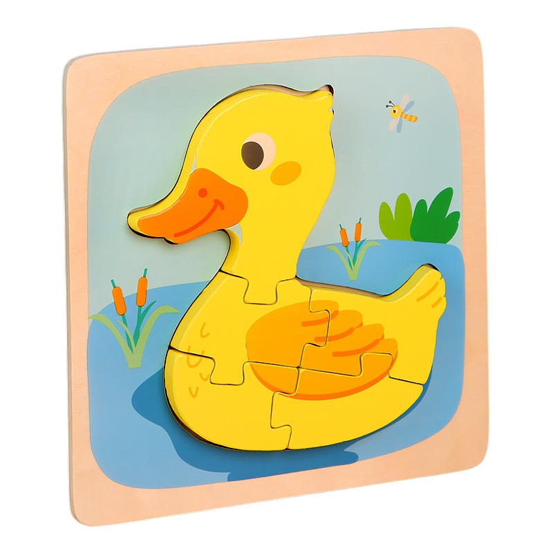 Puzzle Montessori din Lemn pentru Copii, Klevo, 3D, 0-3 Ani, Model Ratusca, Educativ, Intuitiv, Creativ, 5 Piese, 15x15x0.5 cm, Multicolor
