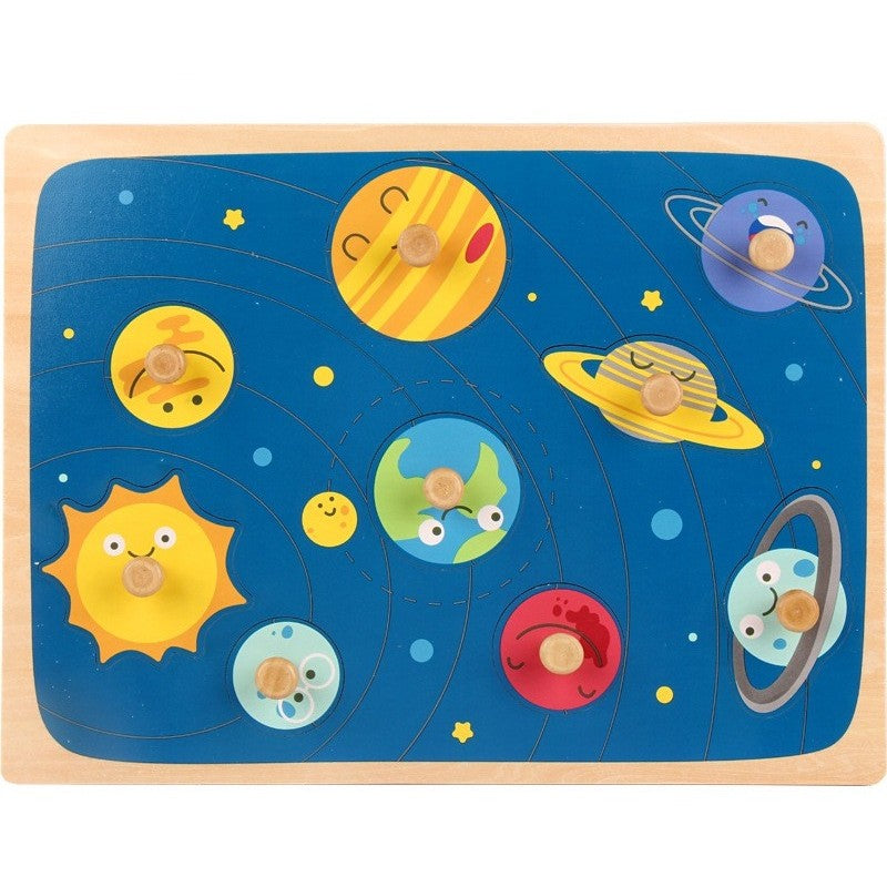 Puzzle Montessori din Lemn pentru Copii, Klevo, 3D, 0-3 Ani, Model Sistemul Solar, Educativ, Intuitiv, Creativ, 9 Piese, 30x22.5x0.8 cm, Multicolor