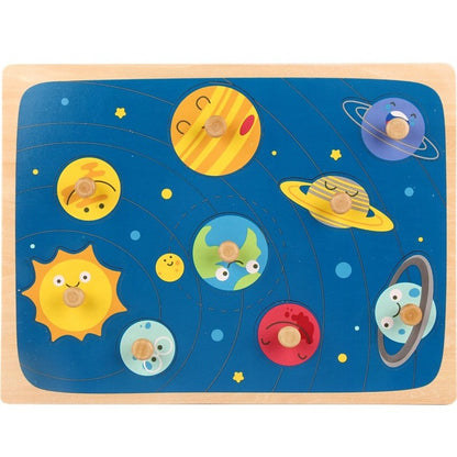 Puzzle Montessori din Lemn pentru Copii, Klevo, 3D, 0-3 Ani, Model Sistemul Solar, Educativ, Intuitiv, Creativ, 9 Piese, 30x22.5x0.8 cm, Multicolor