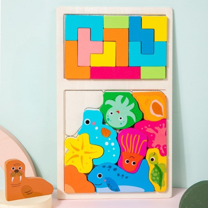Puzzle Montessori din Lemn pentru Copii, Klevo, Tip Tetris 2in1 +3 Ani, cu Animale Marine Colorate 3D, Educativ, Intuitiv, Creativ, 21 de Piese, 28.5x17x1.2 cm, Multicolor