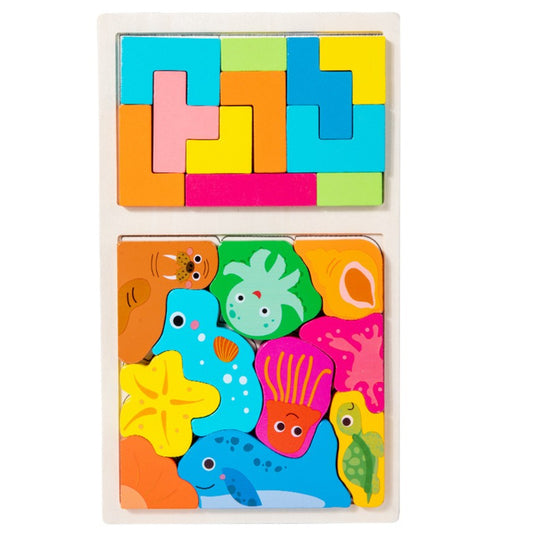 Puzzle Montessori din Lemn pentru Copii, Klevo, Tip Tetris 2in1 +3 Ani, cu Animale Marine Colorate 3D, Educativ, Intuitiv, Creativ, 21 de Piese, 28.5x17x1.2 cm, Multicolor
