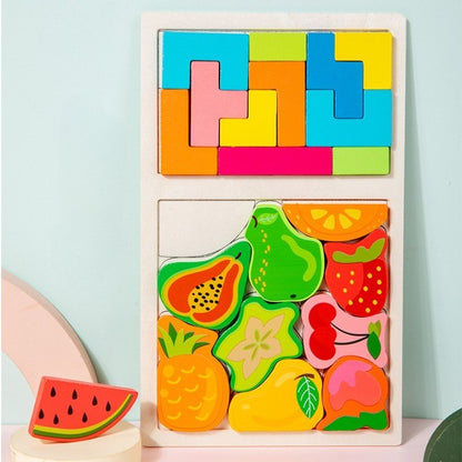 Puzzle Montessori din Lemn pentru Copii, Klevo, Tip Tetris 2in1 +3 Ani, cu Fructe Colorate 3D, Educativ, Intuitiv, Creativ, 21 de Piese, 28.5x17x1.2 cm, Multicolor