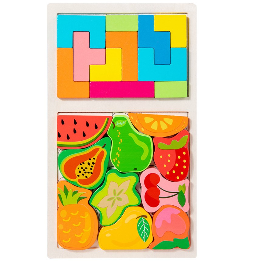 Puzzle Montessori din Lemn pentru Copii, Klevo, Tip Tetris 2in1 +3 Ani, cu Fructe Colorate 3D, Educativ, Intuitiv, Creativ, 21 de Piese, 28.5x17x1.2 cm, Multicolor