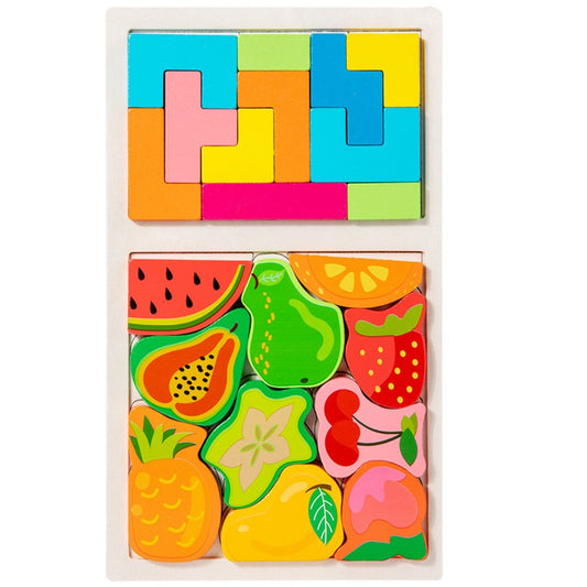 Puzzle Montessori din Lemn pentru Copii, Klevo, Tip Tetris 2in1 +3 Ani, cu Fructe Colorate 3D, Educativ, Intuitiv, Creativ, 21 de Piese, 28.5x17x1.2 cm, Multicolor