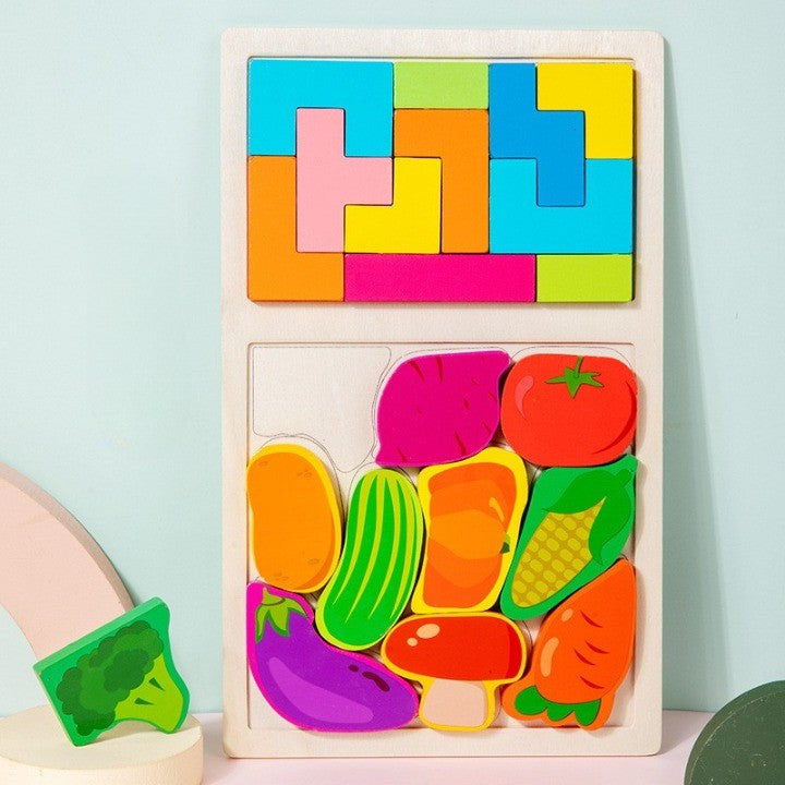Puzzle Montessori din Lemn pentru Copii, Klevo, Tip Tetris 2in1 +3 Ani, cu Legume Colorate 3D, Educativ, Intuitiv, Creativ, 21 de Piese, 28.5x17x1.2 cm, Multicolor