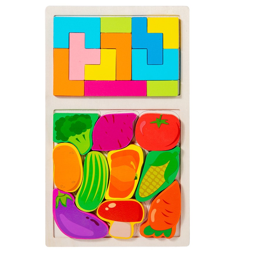 Puzzle Montessori din Lemn pentru Copii, Klevo, Tip Tetris 2in1 +3 Ani, cu Legume Colorate 3D, Educativ, Intuitiv, Creativ, 21 de Piese, 28.5x17x1.2 cm, Multicolor