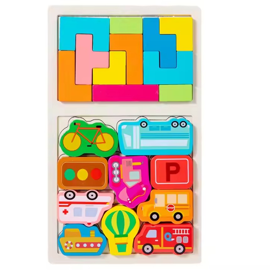 Puzzle Montessori din Lemn pentru Copii, Klevo, Tip Tetris 2in1, +3 Ani, cu Masini Colorate 3D, Educativ, Intuitiv, Creativ, 21 de Piese, 28.5x17x1.2 cm, Multicolor