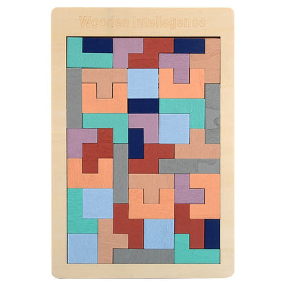 Puzzle Montessori, Klevo, din Lemn, Tip Tetris, +36 Luni, Forme Neregulate, 40 Piese, 26.5 x 17.7 cm, Multicolor Pastelat