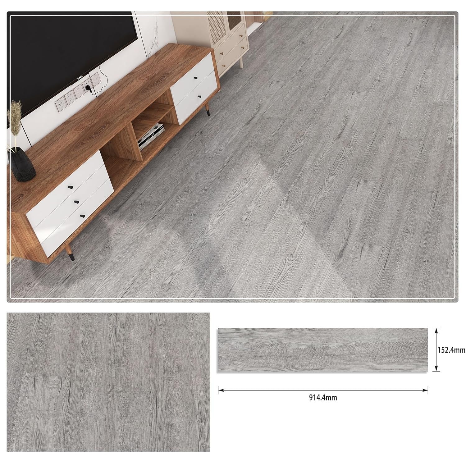 Set 36 Placi Autoadezive pentru Pardoseala, Klevo, din PVC, Impermeabil, Ignifug, Usor de Curatat, Dimensiune Placa 91.44 x 15.24 cm, Grosime 1.5 mm, Acoperire 5 m2, Model 3, Gri