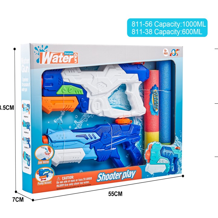 Set 2x Pistol cu Apa pentru Copii, Rezervor, Pentru Piscina/Plaja, Klevo, 6ani+, Alb/Albastru + Albastru, 1000 ML + 600 ML