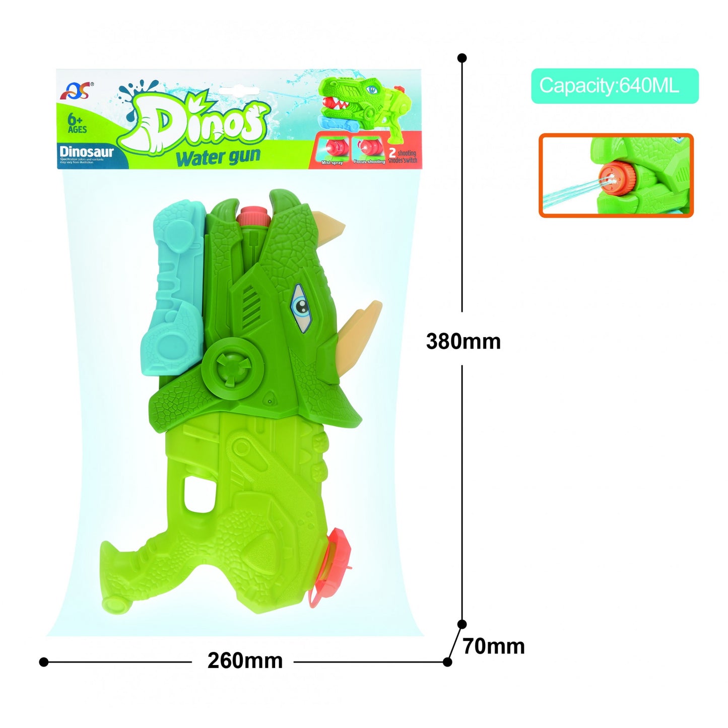 Pistol cu Apa pentru Copii, Rezervor, Pentru Piscina/Plaja, Klevo, 6ani+, Triceratops, 3 duze, Verde, 640ML