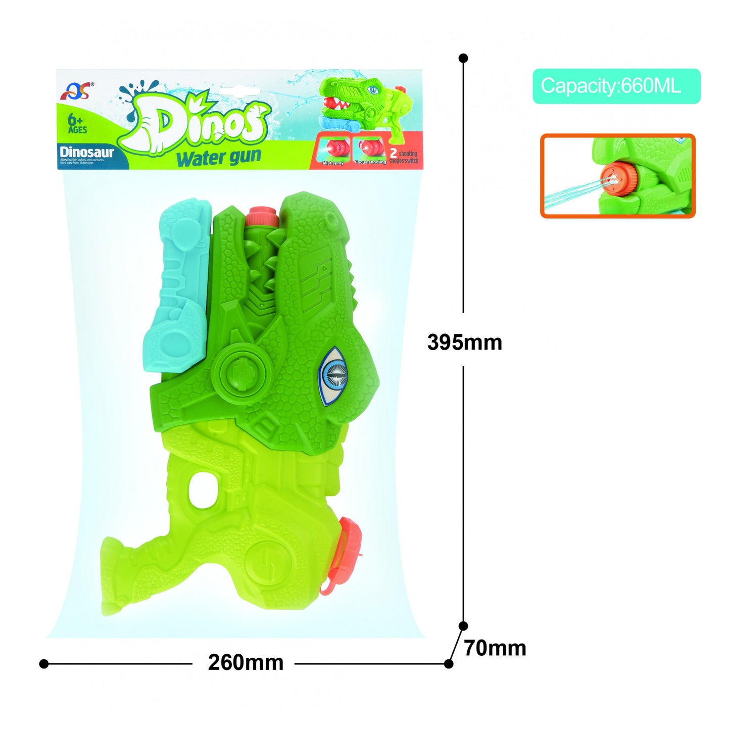 Pistol cu Apa pentru Copii, Rezervor, Pentru Piscina/Plaja, Klevo, 6ani+, Tiranozaur, 3 duze, Verde, 660ML