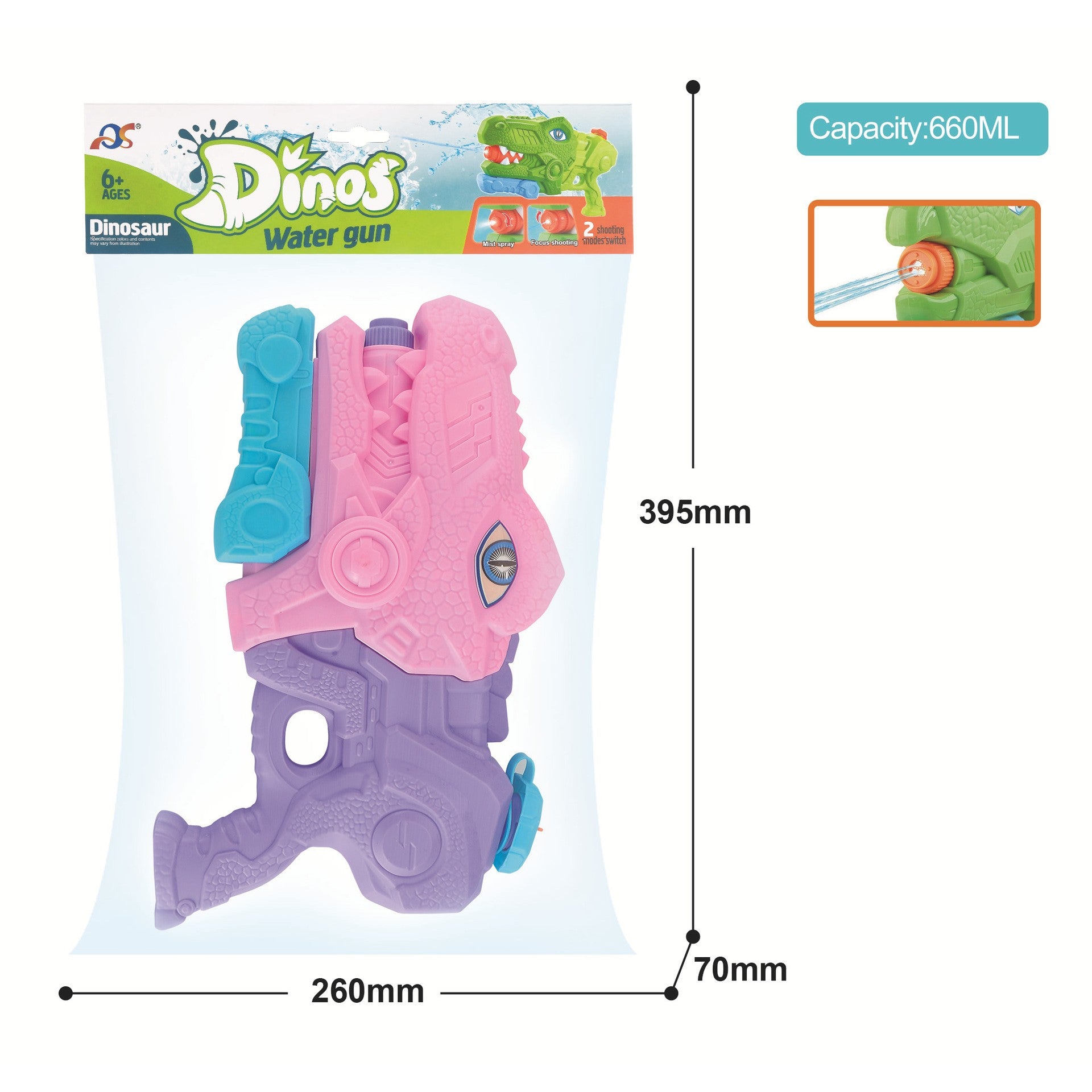 Pistol cu Apa pentru Copii, Rezervor, Pentru Piscina/Plaja, Klevo, 6ani+, Tiranozaur, 3 duze, Roz, 660ML