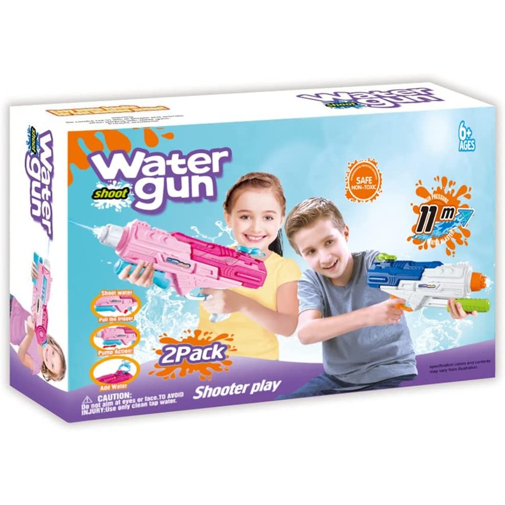 Set 2x Pistol cu Apa pentru Copii, Rezervor, Pentru Piscina/Plaja, Klevo, 6ani+, Roz + Albastru, 1200 ML