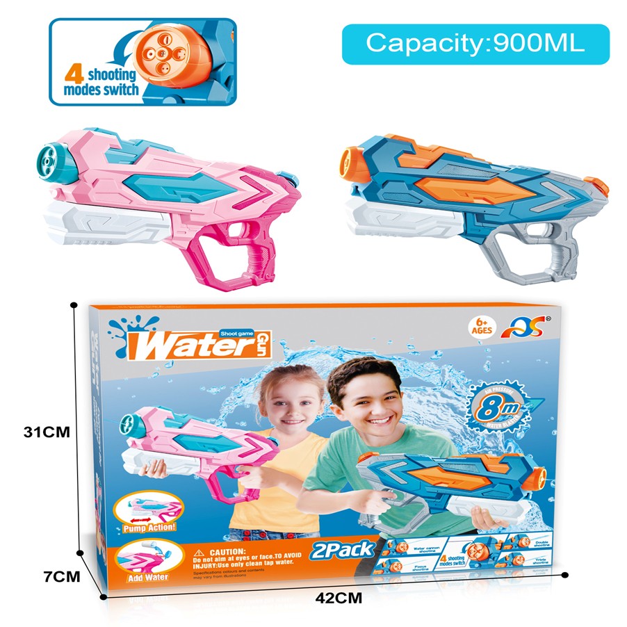 Set 2x Pistol cu Apa pentru Copii, Rezervor, Pentru Piscina/Plaja, Klevo, 6ani+, Roz + Albastru, 4 duze, 900 ML
