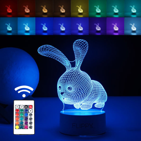 Lampa LED decorativa, Klevo, 3D, Iepure, cu USB si baterii, 20 cm inaltime, din material acril, lumina multicolora si telecomanda inclusa, alb