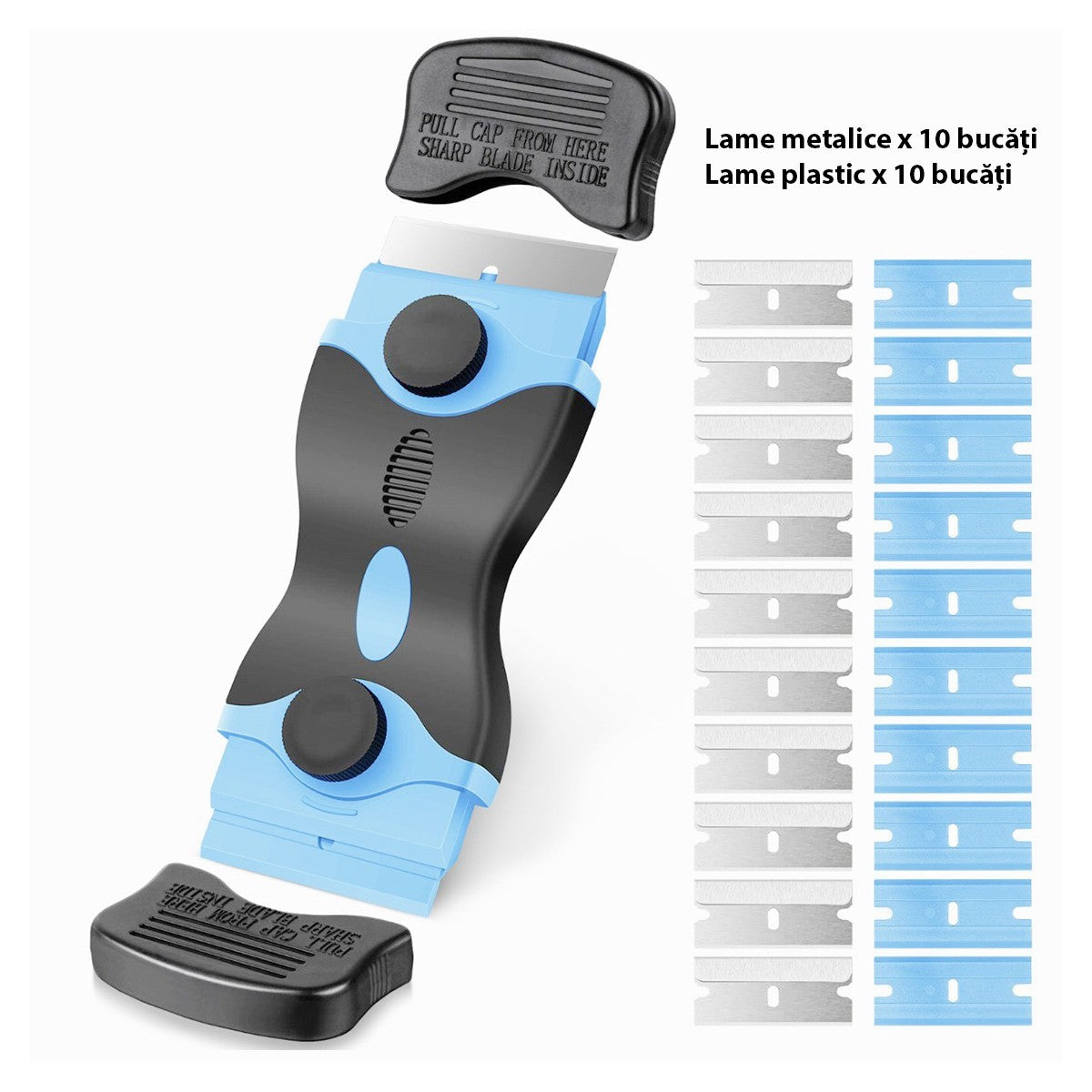 Racleta Multifunctionala pentru Curatare Sticla si Ceramica, Klevo, Design Ergonomic, Maner Anti-alunecare, Include 20 de Lame de Schimb, 12,5 x 4,5 cm, Albastru