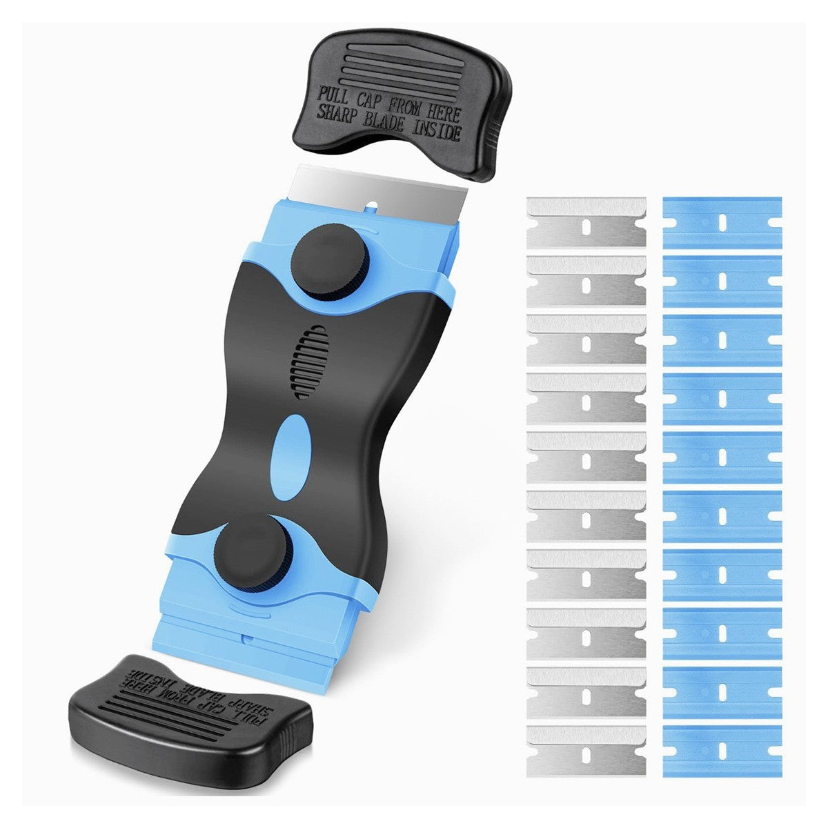 Racleta Multifunctionala pentru Curatare Sticla si Ceramica, Klevo, Design Ergonomic, Maner Anti-alunecare, Include 20 de Lame de Schimb, 12,5 x 4,5 cm, Albastru
