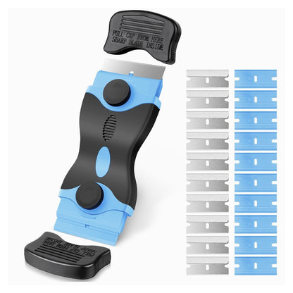 Racleta Multifunctionala pentru Curatare Sticla si Ceramica, Klevo, Design Ergonomic, Maner Anti-alunecare, Include 20 de Lame de Schimb, 12,5 x 4,5 cm, Albastru