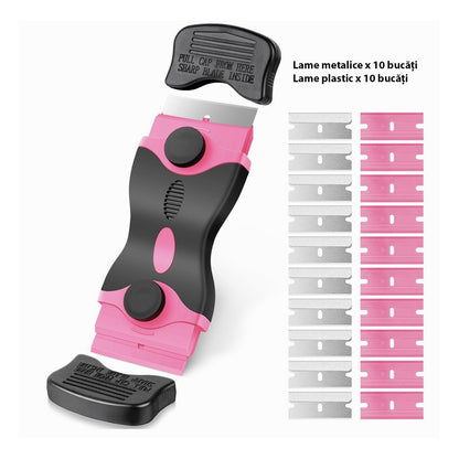 Racleta Multifunctionala pentru Curatare Sticla si Ceramica, Klevo, Design Ergonomic, Maner Anti-alunecare, Include 20 de Lame de Schimb, 12,5 x 4,5 cm, Roz