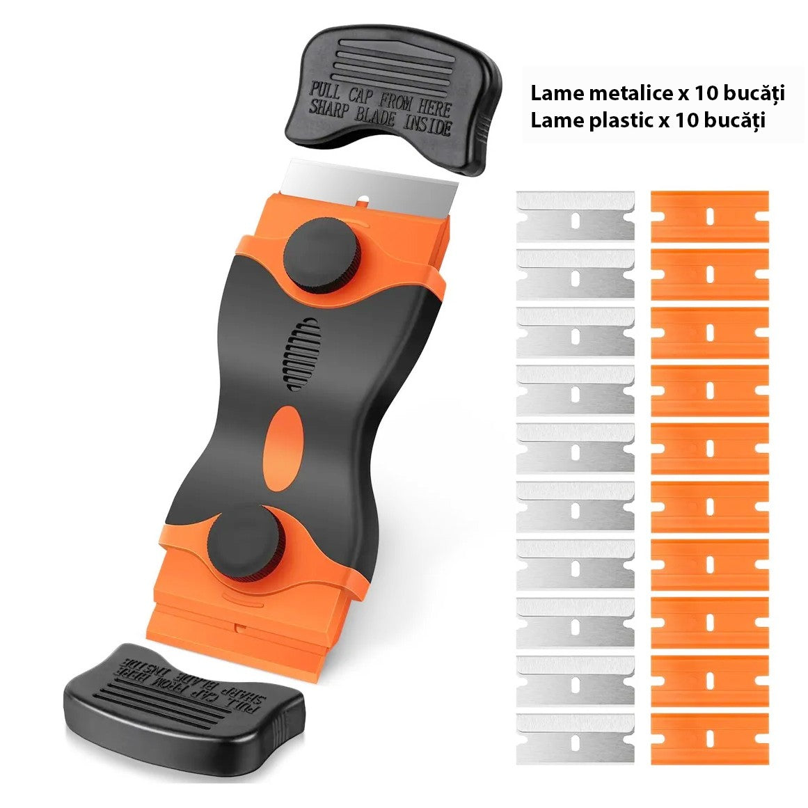 Racleta Multifunctionala pentru Curatare Sticla si Ceramica,  Klevo, Design Ergonomic, Maner Anti-alunecare, Include 20 de Lame de Schimb, 12,5 x 4,5 cm, Portocaliu