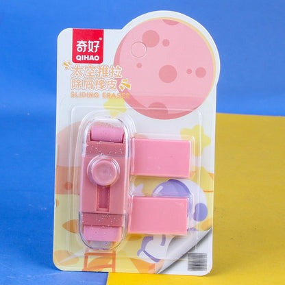 Radiera Retractabila, Klevo, Model Astronaut Push-Pull pentru elevii, Radiera de tip Push, Doua Radiere de Rezerva in set, Roz