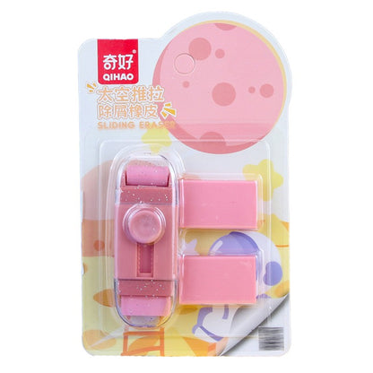 Radiera Retractabila, Klevo, Model Astronaut Push-Pull pentru elevii, Radiera de tip Push, Doua Radiere de Rezerva in set, Roz