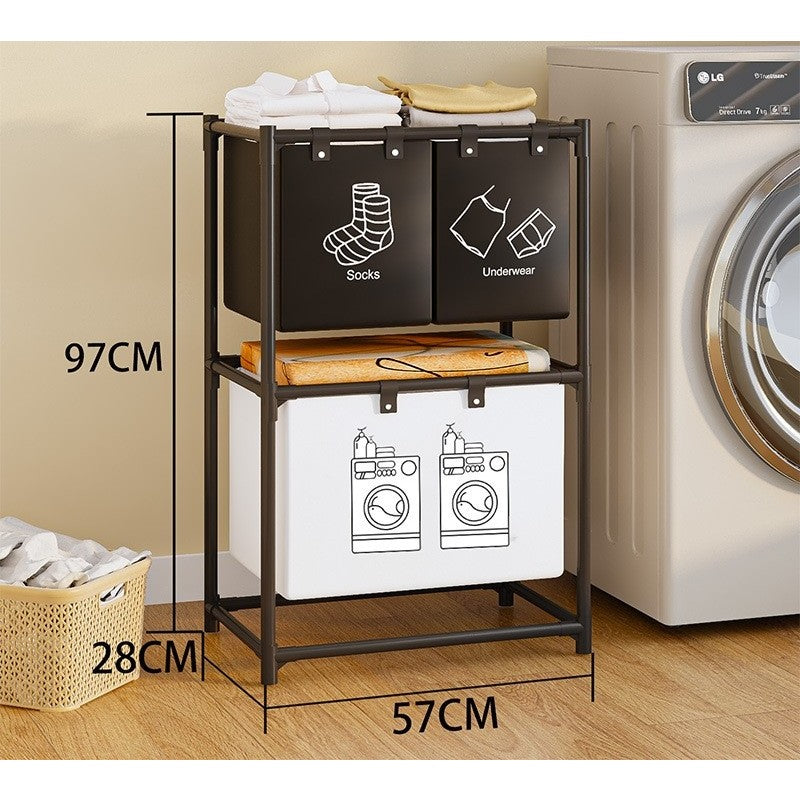 Cos de Rufe, Klevo, cu 2 Etaje, 3 Cosuri, Cadru de Otel Inoxidabil, 97x28x57 cm, Negru