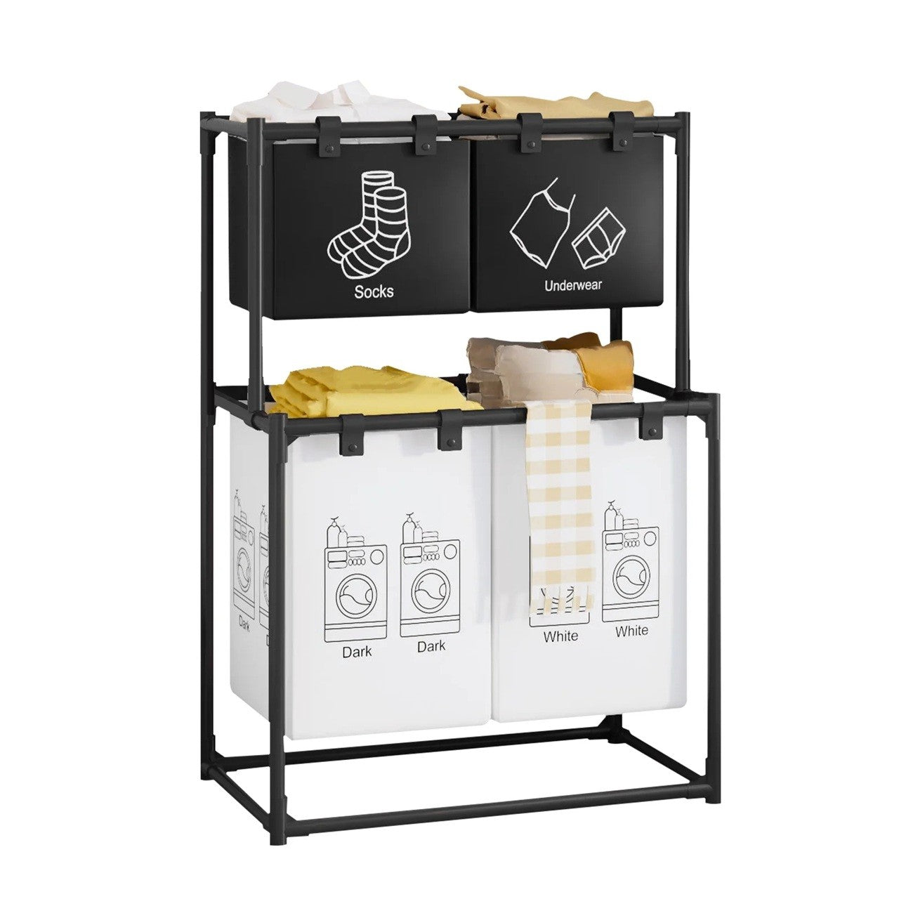 Cos de Rufe, Klevo, cu 2 Etaje, 4 Cosuri, Cadru de Otel Inoxidabil, 97x44x57 cm, Negru