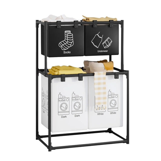 Cos de Rufe, Klevo, cu 2 Etaje, 4 Cosuri, Cadru de Otel Inoxidabil, 97x44x57 cm, Negru