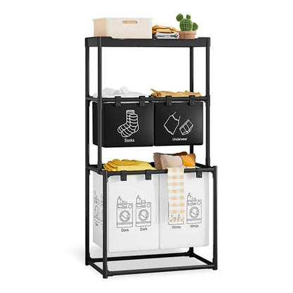 Cos de Rufe, Klevo, 3 Rafturi, 4 Cosuri, Cadru de Otel Inoxidabil, 123x44x57 cm, Negru