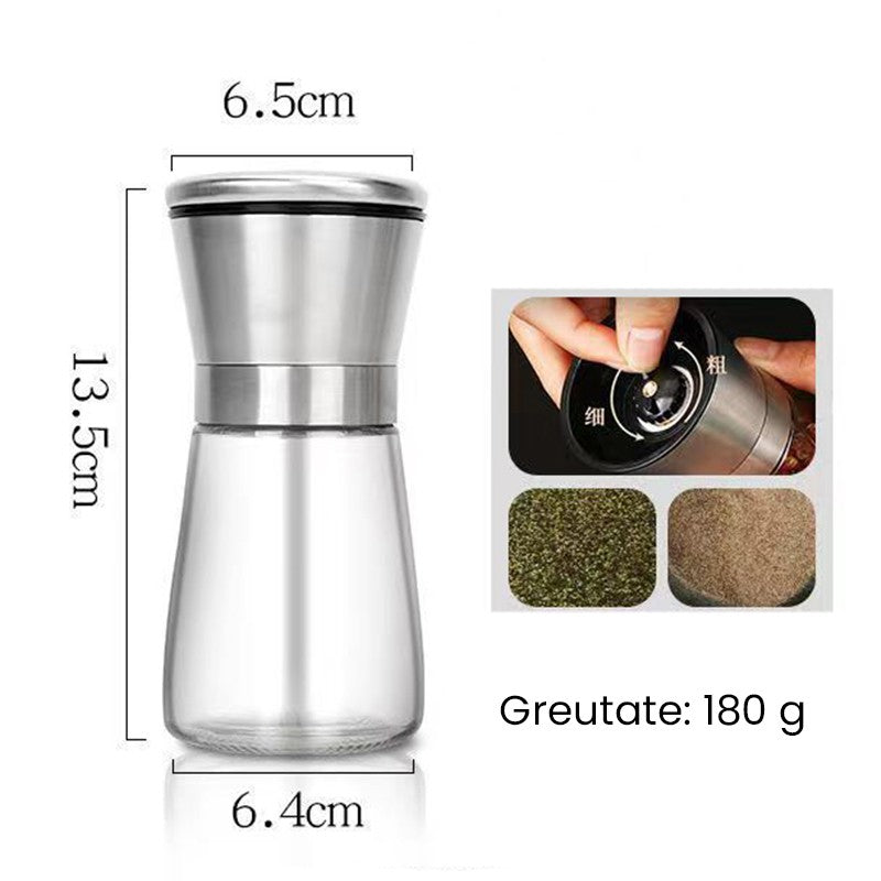 Rasnita Manuala pentru boabe, Klevo, Rasnita pentru Piper Sare Cafea, din Sticla cu Otel inoxidabil, 13.5 x 6.5 cm, volum 180 ml, Transparenta cu Capac din Inox