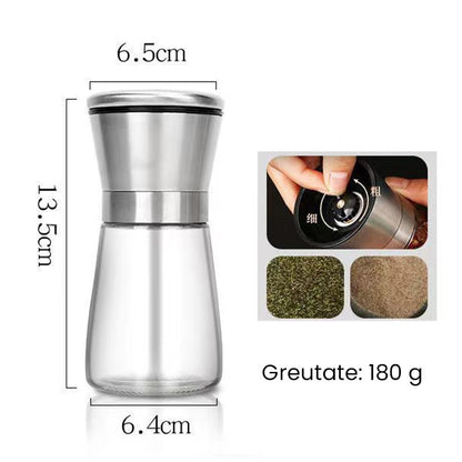 Rasnita Manuala pentru boabe, Klevo, Rasnita pentru Piper Sare Cafea, din Sticla cu Otel inoxidabil, 13.5 x 6.5 cm, volum 180 ml, Transparenta cu Capac din Inox