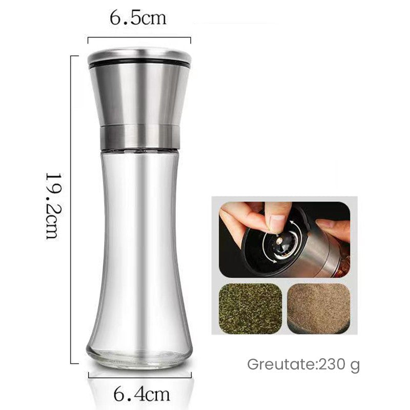 Rasnita Manuala pentru boabe, Klevo, Rasnita pentru Piper Sare Cafea, din Sticla cu Otel inoxidabil, 19.2 x 6.4 cm, volum 200 ml, Transparenta cu Capac din Inox