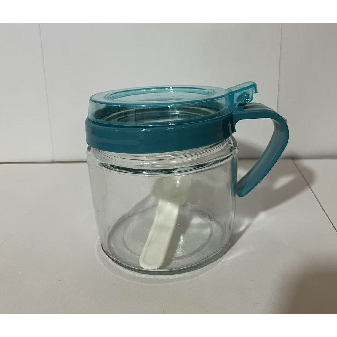 Recipient Condimente, Klevo, din Stilca, 180 ml, cu Maner si Lingurita, 8 x 9 cm, Capac Transparent, Albastru