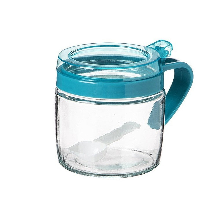 Recipient Condimente, Klevo, din Stilca, 180 ml, cu Maner si Lingurita, 8 x 9 cm, Capac Transparent, Albastru