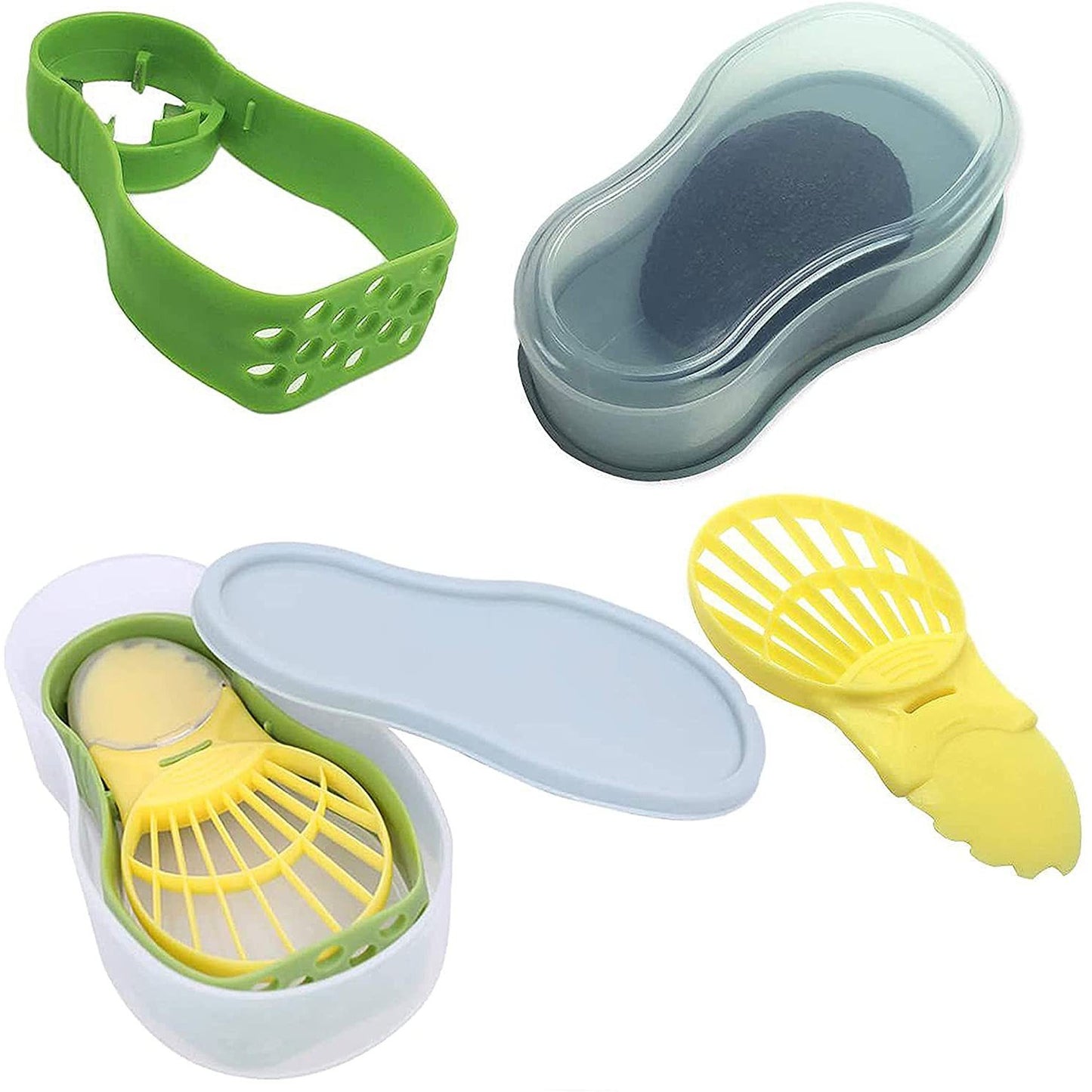 Recipient de Depozitare Avocado 5in1, Klevo, Etans, pentru Frigider, din Plastic, Dispozitiv de Taiat, Curatat, Feliat, 14x4x7 cm, Verde