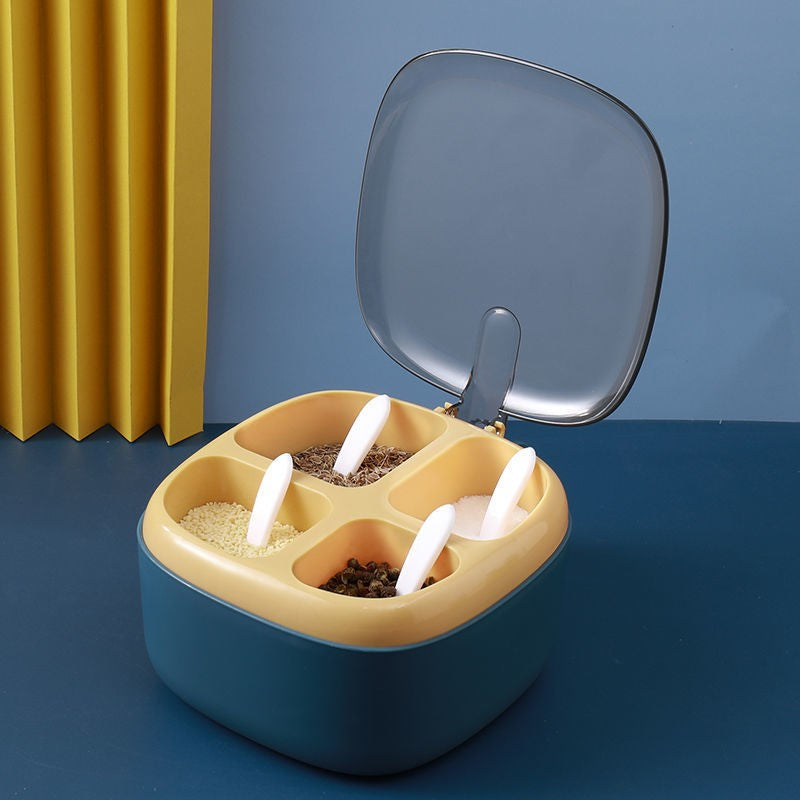 Recipient pentru condimente Klevo, 4 casute, potrivit pentru sare, cimbru, piper, condimente, 4 lingurite din plastic, capac din plastic, maner, 14x14x8 cm, albastru