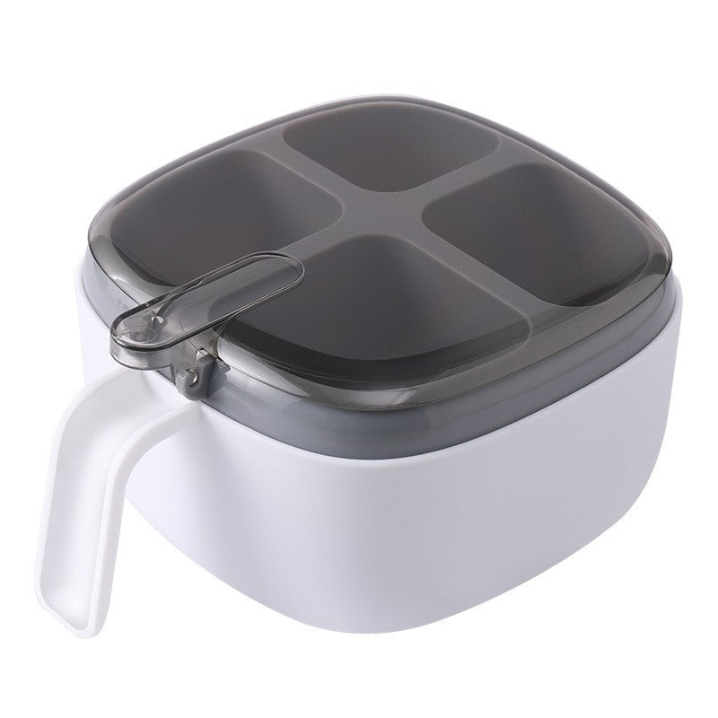 Recipient pentru condimente Klevo, 4 casute, potrivit pentru sare, cimbru, piper, condimente, 4 lingurite din plastic, capac din plastic, maner, 14x14x8 cm, alb