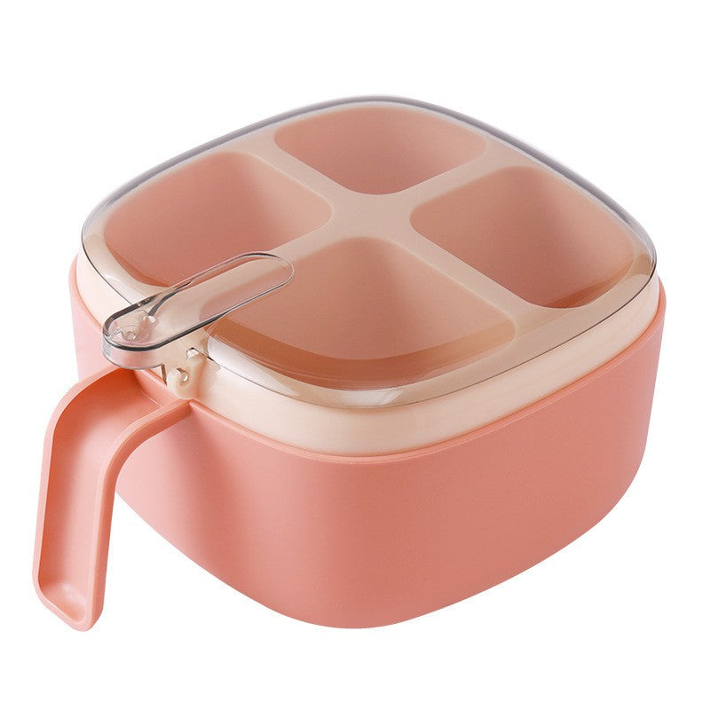 Recipient pentru condimente Klevo, 4 casute, potrivit pentru sare, cimbru, piper, condimente, 4 lingurite din plastic, capac din plastic, maner, 14x14x8 cm, roz