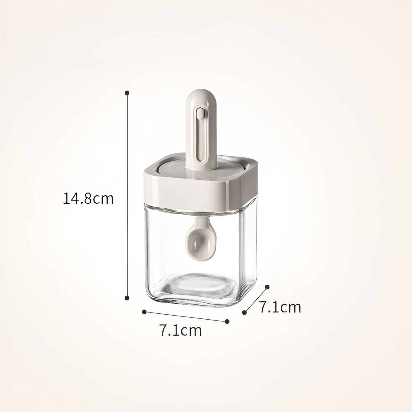 Recipient pentru Depozitarea Condimentelor, Klevo, Borcan din Sticla, Capac si Lingura Incorporate, Uz Casnic, 300 ml, 7.1x7.1x14.8 cm, Gri