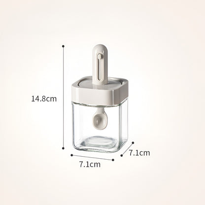 Recipient pentru Depozitarea Condimentelor, Klevo, Borcan din Sticla, Capac si Lingura Incorporate, Uz Casnic, 300 ml, 7.1x7.1x14.8 cm, Gri