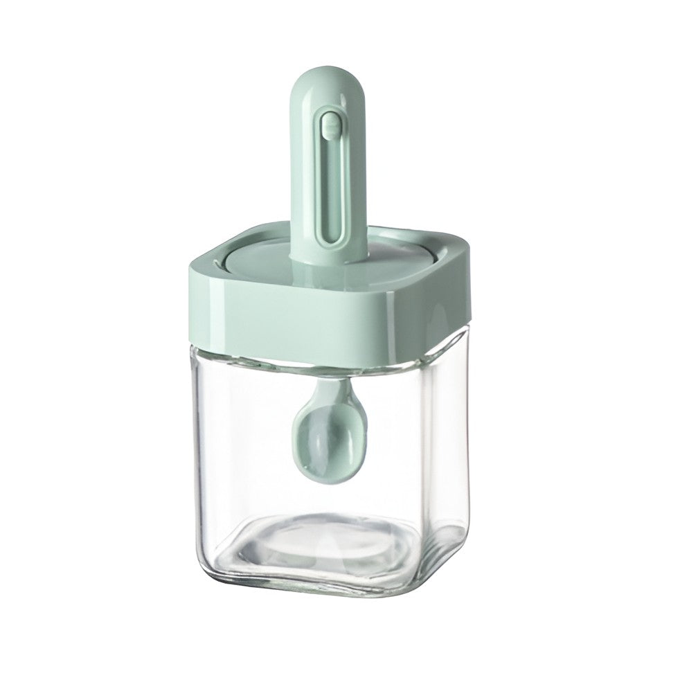Recipient pentru Depozitarea Condimentelor, Klevo, Borcan din Sticla, Capac si Lingura Incorporate, Uz Casnic, 300 ml, 7.1x7.1x14.8 cm, Verde